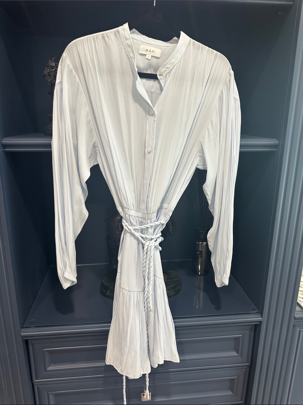 A.L.C. Light Blue Pleated Button-Front Dress with Braided Rope Tie